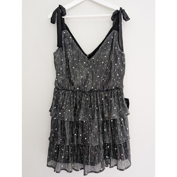 Lulus Maddisun Black and Silver Metallic Star Tiered Ruffle Mini Dress Size L - Picture 3 of 8